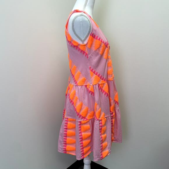 NEMA Resort Wear  Embroidered Tiered Short Dress Neon Print Sleeveless S - Picture 3 of 15